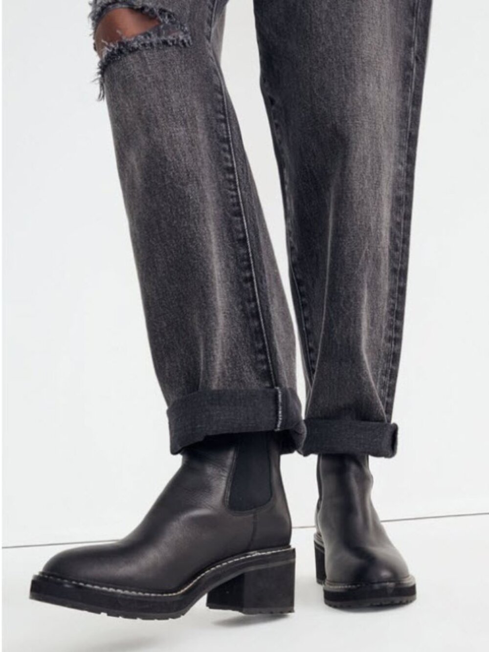 Madewell Carina Black Leather Chelsea Boots Lug-Sole Block-Heel Size 8